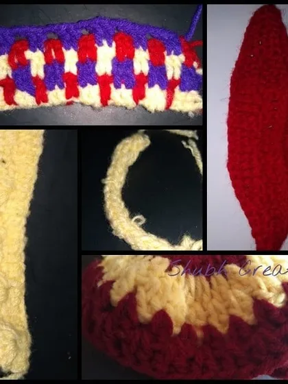 A collection of different crochet techniques. This shows how to change colors in a pattern, create a leaf shape, work with different textures, and form a scalloped edge.