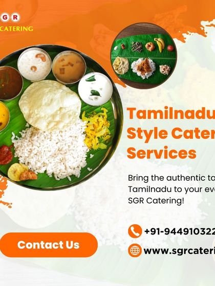 Bring the authentic taste of Tamil Nadu to your event with our catering. This image displays a traditional meal on a banana leaf, complete with rice, poori, and a variety of side dishes.