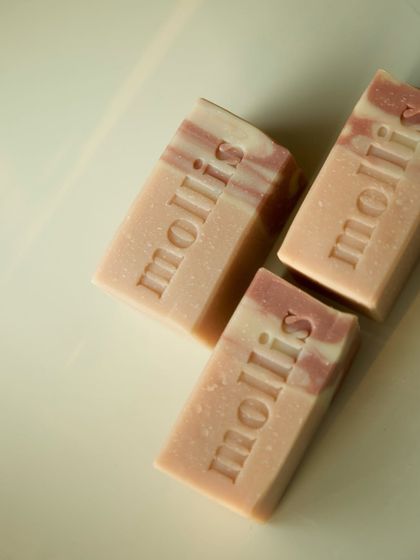 The beautiful pink and white swirls of the 'Flower Market' bar, colored with natural clays.