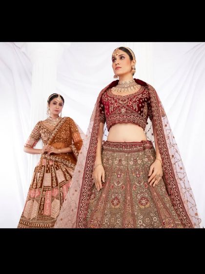 Two stunning bridal looks in one frame. This image features a classic maroon velvet lehenga alongside a contemporary rust-orange piece, showing the variety in my collection.