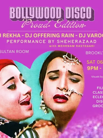 The poster for a past Bollywood Disco: Proud Edition. The visual language of my Pride events is intentionally celebratory, queer, and rooted in filmi aesthetics.