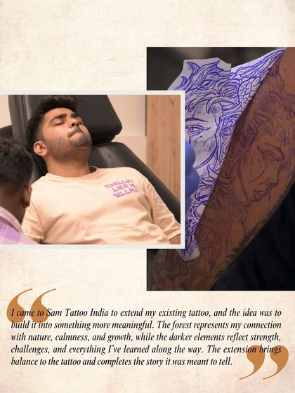 This image shows the stencil for a tattoo extension. The new design is drawn to flow from the existing hand tattoo, ensuring the final piece looks like a single, unified artwork.