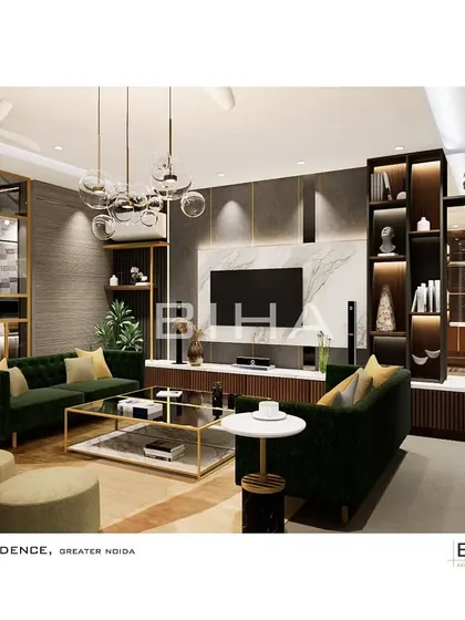 Another view of the Greater Noida living room, this time showing the custom display and storage units that flank the media wall. The dark wood and integrated lighting create a dramatic effect, perfect for showcasing decorative objects and creating a curated, gallery-like feel.