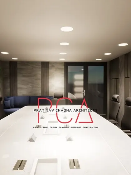 A view down the conference table in the Narela office project. This render highlights the room's spaciousness and the sophisticated interplay of light and shadow.