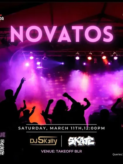 "Novatos" event poster for a Saturday afternoon party at Takeoff BLR.