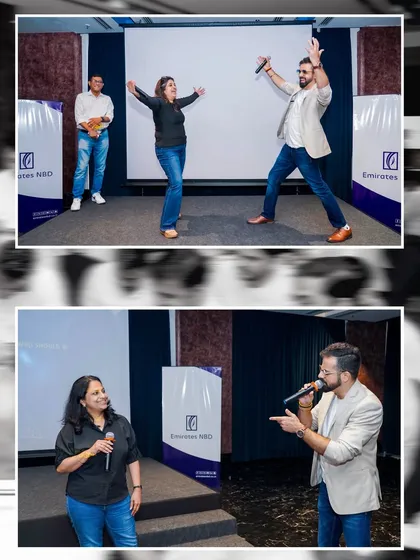 A collage from the "We Connect 2025" event for Emirates NBD, featuring on-stage games and audience interaction.