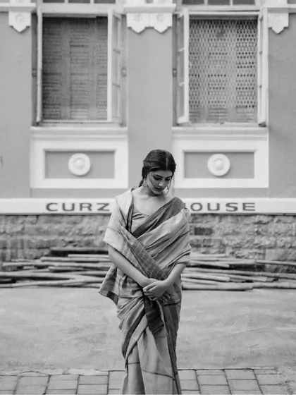 A full series shot around Colaba and CST, blending historic architecture with elegant saree styling. The mix of color and black and white photos shows the versatility of the location and the mood we can create.