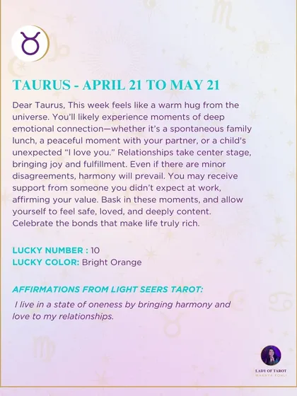 A weekly tarot forecast for Taurus. This week feels like a warm hug from the universe. You'll likely experience moments of deep emotional connection and harmony.