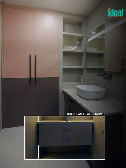 This image showcases a well-organized wardrobe and a modern bathroom vanity designed for a kid's room. The smart storage solutions blend style and functionality seamlessly.