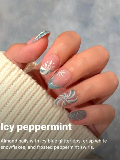 An icy peppermint theme perfect for the winter season, with blue glitter tips, crisp white snowflakes, and frosted swirl details.
