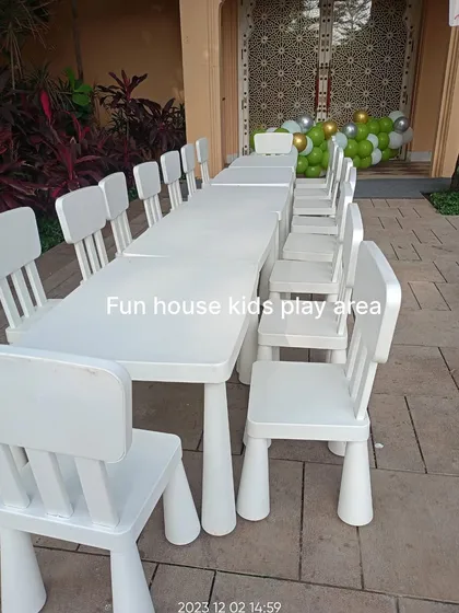 A simple and clean setup of our white kids' tables and chairs at the beautiful Rambagh Palace in Jaipur. This shows how our furniture can be elegantly placed in any high-end venue.
