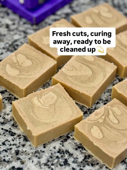 Fresh cuts of our Sandalwood soap, curing away and ready to be cleaned up. The curing process is essential for a hard, long-lasting bar.
