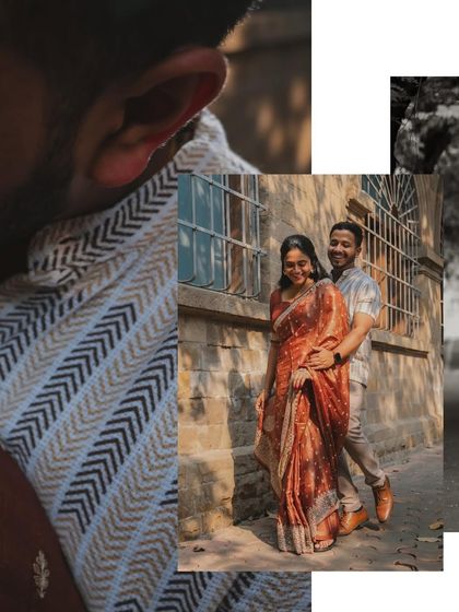 An artistic collage focusing on details and textures. The close-up of his shirt pattern paired with a full portrait adds a unique, stylistic element to their gallery.