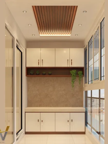 We specialize in making small spaces work harder. This compact balcony was transformed with a custom-designed bay seat that includes ample built-in storage underneath. We also added overhead cabinets and a display shelf for plants, creating a functional, clutter-free, and green space to unwind.