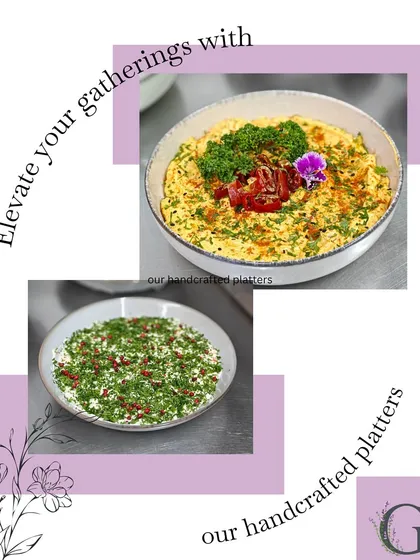 "Elevate your gatherings with our handcrafted platters." This graphic features two of our beautiful dip bowls, showcasing their artistic presentation.