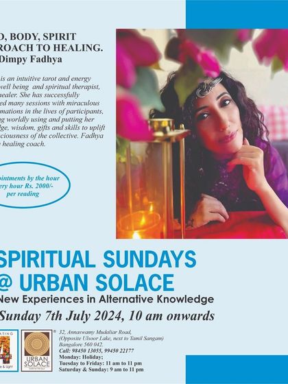 A poster for another 'Spiritual Sundays' session, this time with intuitive tarot reader Dimpy Fadhya. These events offer a unique opportunity for personal guidance and healing.