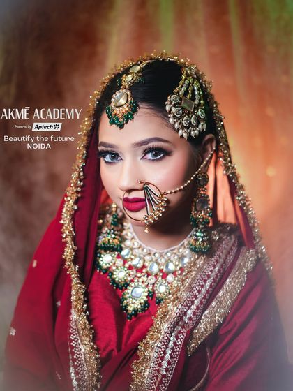 A direct and confident portrait of a Muslim bride. The makeup enhances her features beautifully, with a focus on the eyes and a flawless complexion, ready for her big day.
