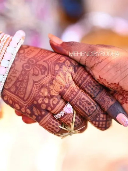 A candid shot from a wedding, showing the bride's beautifully stained hand during the rituals. The color is rich and even.