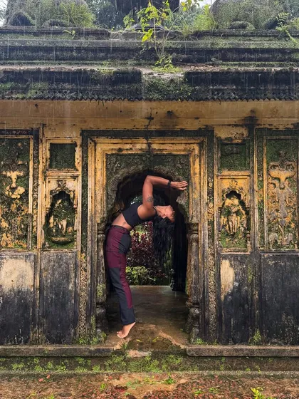 Finding moments of stillness and awareness in beautiful places. This is a deep backbend in a historic, moss-covered temple in Coorg during the monsoon. It’s a reminder to be fully present and appreciate the beauty that surrounds us.