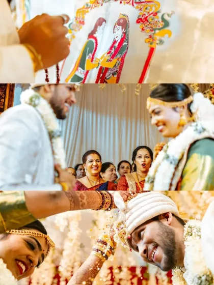 A collage of key moments from a traditional wedding, including the Akshataropanam rice shower.
