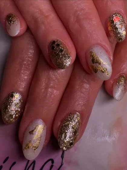 A glamorous wedding-ready set with a mix of full gold glitter and gold foil on a white base.