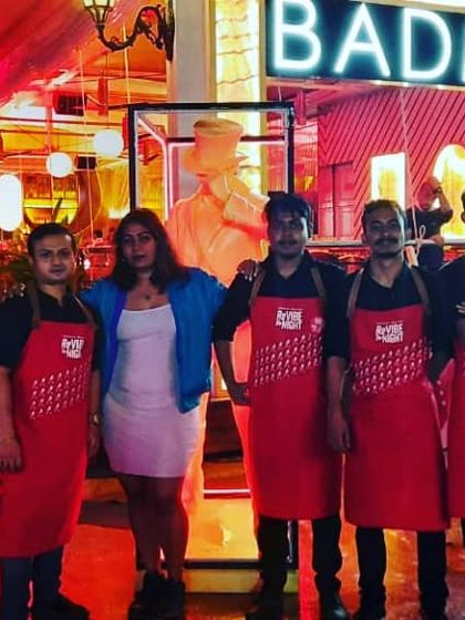 Our team for the Johnnie Walker 'ReVibeTheNight' concert series, standing in front of the Badmaash restaurant pop up. We managed a busy bar, serving excellent cocktails despite challenging weather.