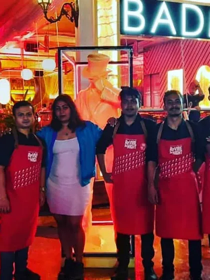 Our team for the Johnnie Walker 'ReVibeTheNight' concert series, standing in front of the Badmaash restaurant pop up. We managed a busy bar, serving excellent cocktails despite challenging weather.