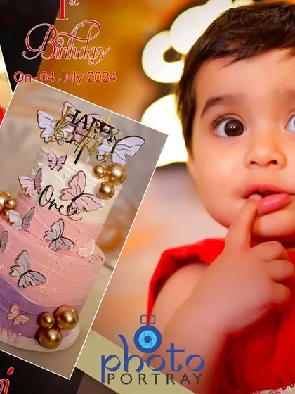 A close up portrait of a curious baby girl at her first birthday, with an inset showing her beautiful butterfly themed cake.
