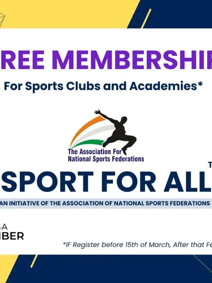 A promotional poster for free membership for sports clubs and academies. By joining our "Sport for All" initiative, organizations become part of a larger ecosystem supported by the Association of National Sports Federations.