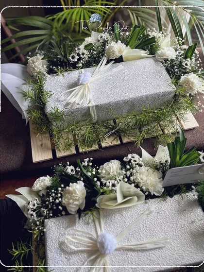 This is timeless gifting, composed with quiet elegance. These hampers, featuring textured white boxes nestled in fresh greenery, were crafted for corporate thank-yous and private celebrations, showing how simplicity can make the strongest statement.