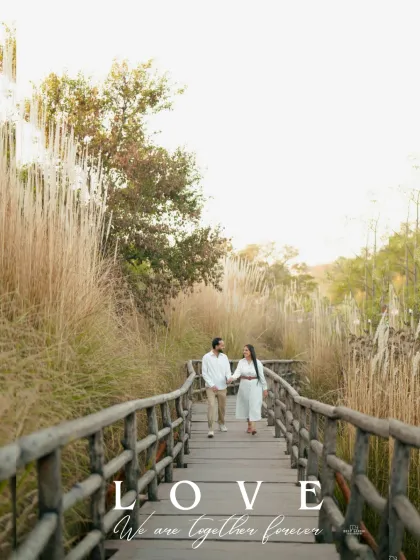 A beautiful shot of the couple walking hand-in-hand on the wooden bridge, framed by the tall grass and bathed in soft light.