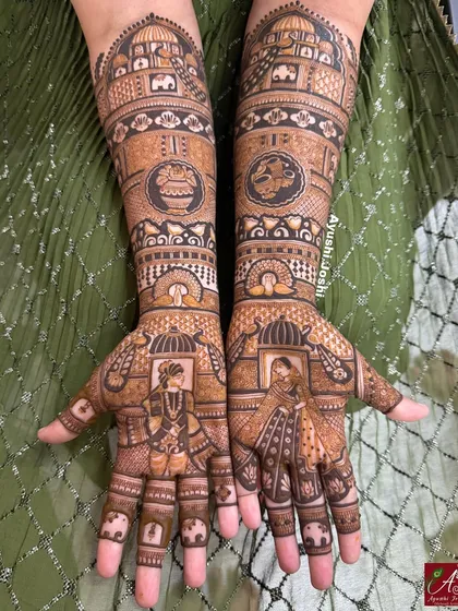 A classic Maharashtrian bridal design. It features the bride and groom in traditional attire, set against a backdrop of royal palaces and elephants.