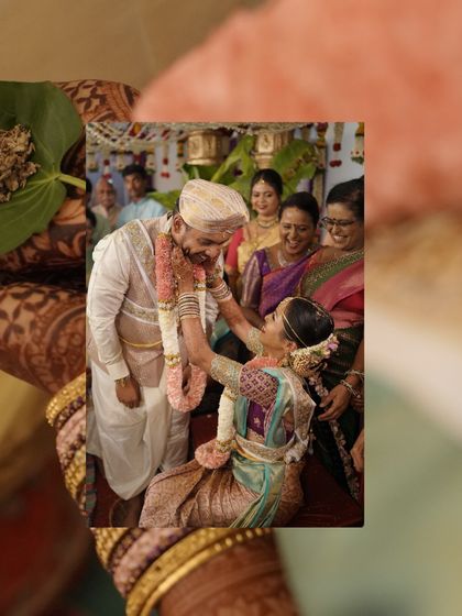 A collage capturing a sweet moment between the couple during their wedding ceremony.