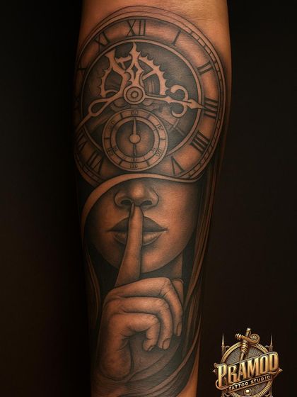The same 'Time and Silence' tattoo, showing the full forearm. The smooth shading and flawless composition make this a true work of art.
