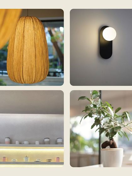 A collection of small details that define our aesthetic: a single pendant light, a minimalist wall sconce, a simple plant, and curated ceramics.