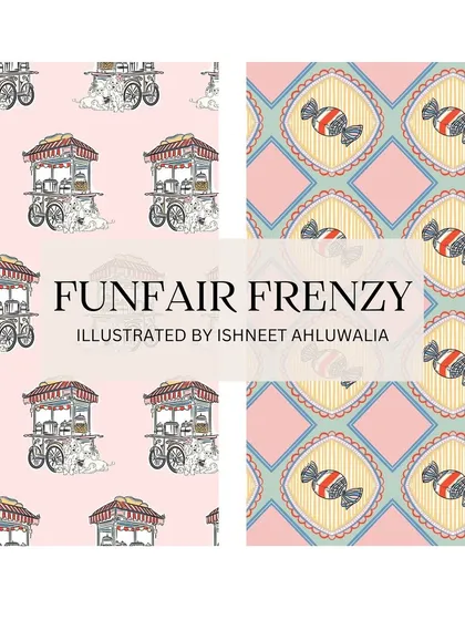 A look at two of the coordinating patterns from the 'Funfair Frenzy' collection. I create multiple patterns within a theme that can be mixed and matched for a cohesive look on different products.