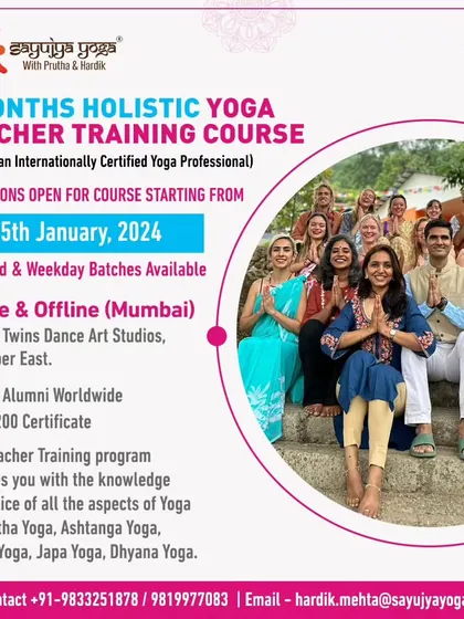 An announcement for our 4-month hybrid YTTC in Mumbai, showing our international community of students.