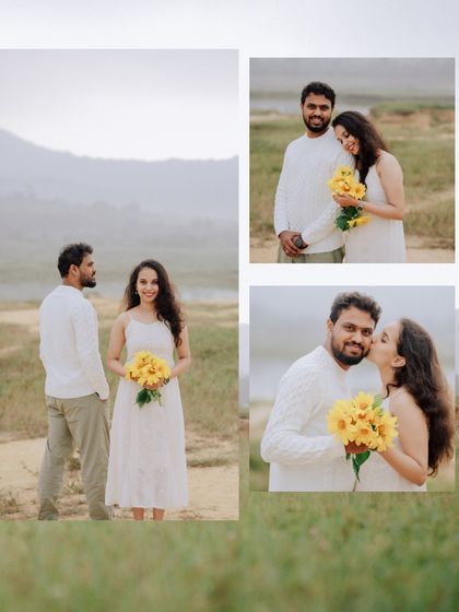 A collage of happy moments with sunflowers, showing different angles of the couple's interactions and affection.