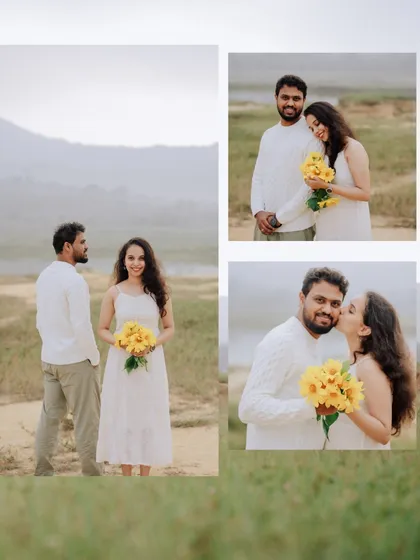 A collage of happy moments with sunflowers, showing different angles of the couple's interactions and affection.