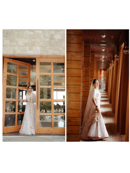 A diptych of a bride in a white lehenga, posing in a modern hotel corridor and by a large wooden door, showcasing the architectural elements of the venue.