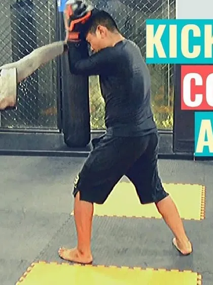 This image shows a kickboxing counter attack, a key skill in MMA. We teach you how to defend against an opponent's strike and immediately return with one of your own.