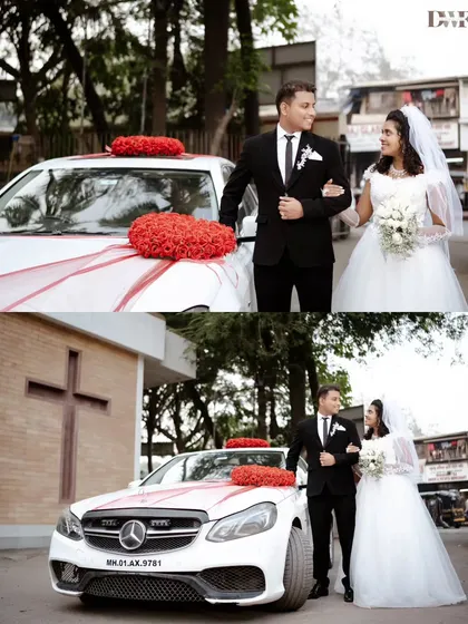 A collage of the couple with their beautifully decorated wedding car. The classic black suit and white gown create a timeless look.