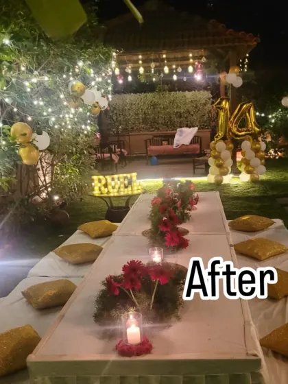 A chic outdoor 14th birthday celebration at a luxury villa in Prestige Summer Fields. We created a beautiful low-seating arrangement with fairy lights and floral centerpieces for a sophisticated teen party.