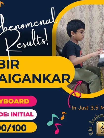 We are beyond excited to share that our superstar, Abir Waigankar, achieved a perfect 100/100 score in his Grade Initial Electronic Keyboard exam from Trinity College. This incredible achievement in just 3.5 months of preparation makes us burst with pride.