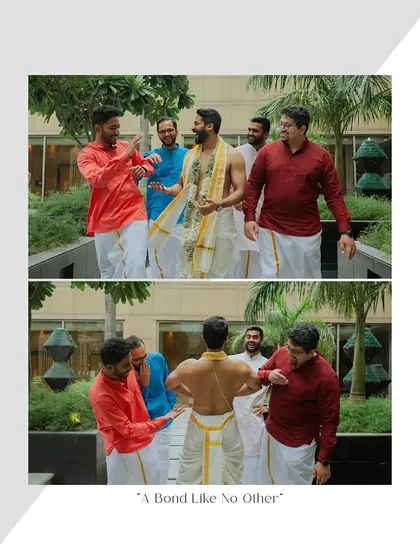A collage titled "A Bond Like No Other," showing the groom and his friends sharing laughs.