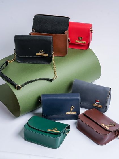 An overview of my NEXON sling bags, available in various colors like Brown, Blue, Black, Tan, and Green. Each bag can be personalized with a name tag and a charm.