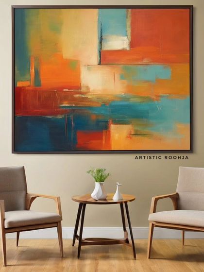 This mockup shows how a large abstract painting with warm and cool tones can anchor a seating area, adding energy and sophistication.