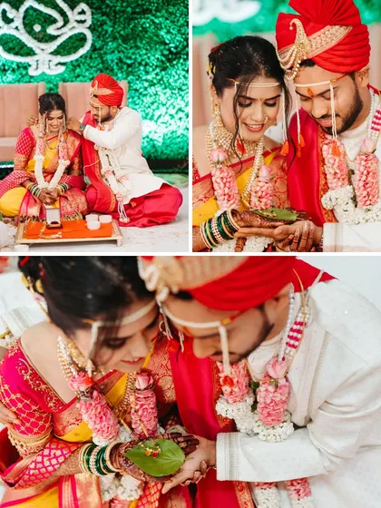 A collage of intimate moments from a Maharashtrian wedding ceremony. It shows the couple performing rituals together, their hands joined, their heads bowed in respect.