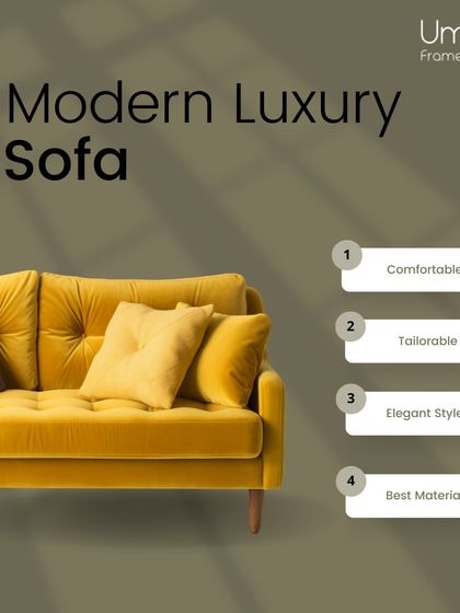 Our modern luxury sofa in a bold yellow, demonstrating how we use comfortable, tailorable, and high-quality furniture to make a statement.