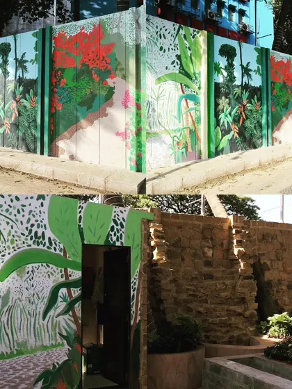 A collage showing the botanical mural at Burhani College. The artwork depicts a lush, imaginative landscape, turning a plain campus wall into an inspiring feature.